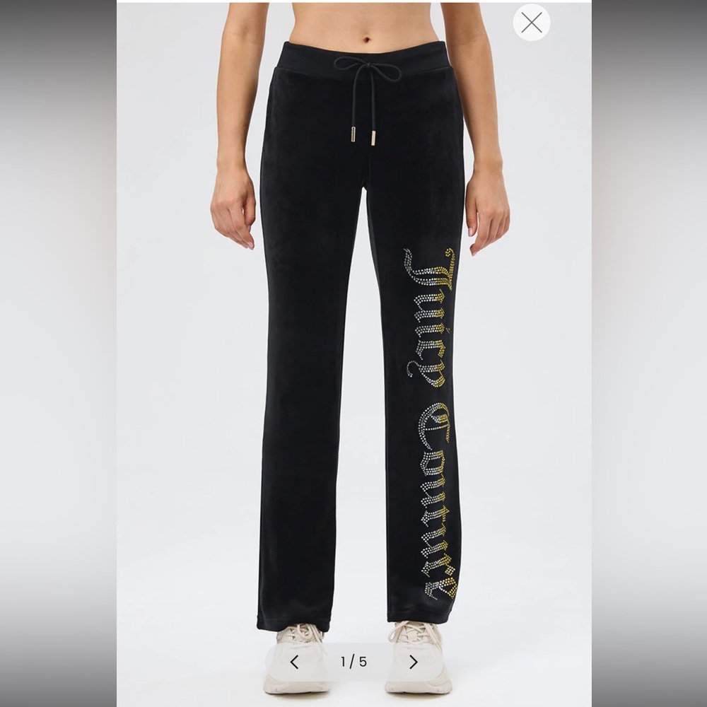 Juicy Couture Black Velour Track Pants with Gold Accents